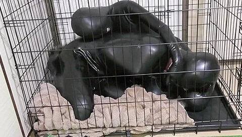 Trapped In Rubber Bitchsuit & Cage