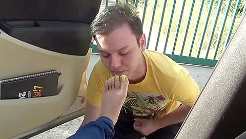 Cute Boy Worshiping My Sexy Feet With Yellow Toe Nails In Public