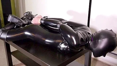 Girl Get Restricted & Vibrated In Black Latex Catsuit + Leather Hood & High